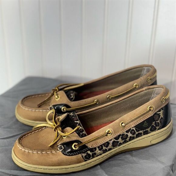 Sperry Leopard Boat Shoes Tan Suede Coastal Grandmother Y2K Preppy Nautical 8M - Picture 1 of 9